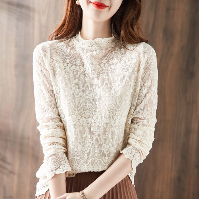 New 2021 Autumn Thin Stand Collar Lace Tops Fashion Casual Long Sleeve Hollow Out Women Blouse Shirt 3XL
