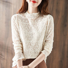 Load image into Gallery viewer, New 2021 Autumn Thin Stand Collar Lace Tops Fashion Casual Long Sleeve Hollow Out Women Blouse Shirt 3XL