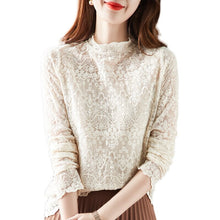 Load image into Gallery viewer, New 2021 Autumn Thin Stand Collar Lace Tops Fashion Casual Long Sleeve Hollow Out Women Blouse Shirt 3XL