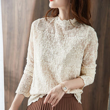 Load image into Gallery viewer, New 2021 Autumn Thin Stand Collar Lace Tops Fashion Casual Long Sleeve Hollow Out Women Blouse Shirt 3XL