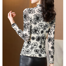 Load image into Gallery viewer, New 2021 Autumn Winter Long Sleeve Women&#39;s T-Shirt Fashion Casual Stand  Collar Flocking Mesh Tops Plus Size Women Clothing