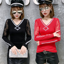 Load image into Gallery viewer, New 2021 Autumn Winter Long Sleeve Women&#39;s T-Shirt Fashion V-Neck Diamond Lace Tops Plus Size M-3XL Mesh Shirt Clothing