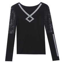 Load image into Gallery viewer, New 2021 Autumn Winter Long Sleeve Women&#39;s T-Shirt Fashion V-Neck Diamond Lace Tops Plus Size M-3XL Mesh Shirt Clothing