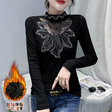 Load image into Gallery viewer, New 2021 Autumn Winter Velvet Warm Women T-Shirt Fashion Long Sleeved Bottoming Shirt Stitching Hot Drilling Black Tops