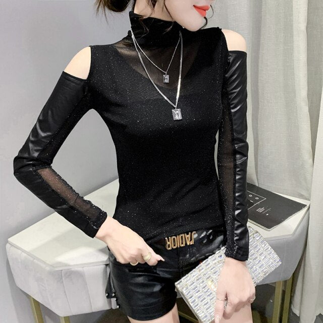 New 2021 Autumn Winter Women Tops Shirt Fashion Long Sleeve Off The Shouder Mesh Tops PU Leather Patchwork T-Shirt
