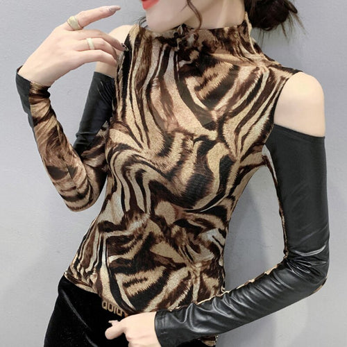 New 2021 Autumn Winter Women Tops Shirt Fashion Long Sleeve Off The Shouder Mesh Tops PU Leather Patchwork T-Shirt