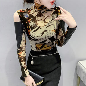 New 2021 Autumn Winter Women Tops Shirt Fashion Long Sleeve Off The Shouder Mesh Tops PU Leather Patchwork T-Shirt