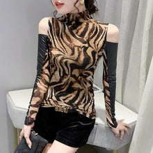 Load image into Gallery viewer, New 2021 Autumn Winter Women Tops Shirt Fashion Long Sleeve Off The Shouder Mesh Tops PU Leather Patchwork T-Shirt