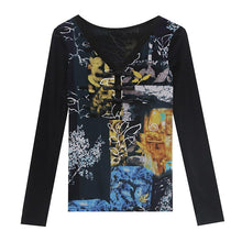 Load image into Gallery viewer, New 2021 Autumn Winter Women&#39;s  Tops Fashion Print Long Sleeve Mesh T-Shirt Sexy V-Neck Black Women Clothing