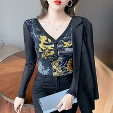 Load image into Gallery viewer, New 2021 Autumn Winter Women&#39;s  Tops Fashion Print Long Sleeve Mesh T-Shirt Sexy V-Neck Black Women Clothing