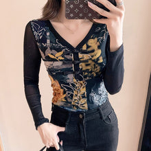 Load image into Gallery viewer, New 2021 Autumn Winter Women&#39;s  Tops Fashion Print Long Sleeve Mesh T-Shirt Sexy V-Neck Black Women Clothing