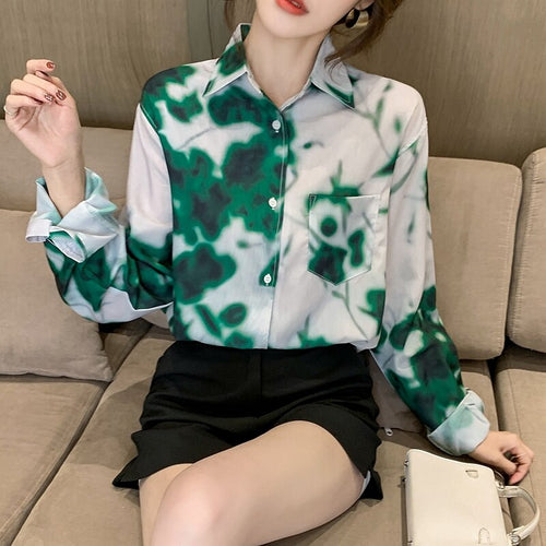 New 2021 Autumn Women Chiffon Shirt Fashion Turn Down Collar Long Sleeve Loose Print Blouse For Women Clothing