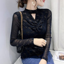 Load image into Gallery viewer, New 2021 Autumn Women Clothing Fashion Casual Long Sleeve Print Mesh Tops Elegant Slim Hollow Out Black T-Shirt