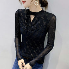 Load image into Gallery viewer, New 2021 Autumn Women Clothing Fashion Casual Long Sleeve Print Mesh Tops Elegant Slim Hollow Out Black T-Shirt