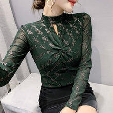 Load image into Gallery viewer, New 2021 Autumn Women Clothing Fashion Casual Long Sleeve Print Mesh Tops Elegant Slim Hollow Out Black T-Shirt