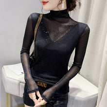 Load image into Gallery viewer, New 2021 Autumn Women Clothing Fashion Long Sleeve Turtleneck Hot Drilling Mesh Tops M-3XL Plus Size Women&#39;s T-Shirt