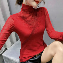 Load image into Gallery viewer, New 2021 Autumn Women Clothing Fashion Long Sleeve Turtleneck Hot Drilling Mesh Tops M-3XL Plus Size Women&#39;s T-Shirt