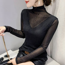 Load image into Gallery viewer, New 2021 Autumn Women Clothing Fashion Long Sleeve Turtleneck Hot Drilling Mesh Tops M-3XL Plus Size Women&#39;s T-Shirt