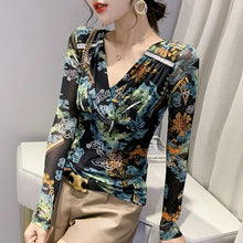 Load image into Gallery viewer, New 2021 Autumn Women Clothing Fashion Sexy V-Neck Print Mesh Tops Elegant Slim Women&#39;s T-Shirt