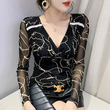 Load image into Gallery viewer, New 2021 Autumn Women Clothing Fashion Sexy V-Neck Print Mesh Tops Elegant Slim Women&#39;s T-Shirt