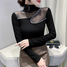 Load image into Gallery viewer, New 2021 Autumn Women Tops Fashion Casual Turtleneck Long Sleeved Mesh T-Shirt Elegant Slim Diamond perspective Women Clothing