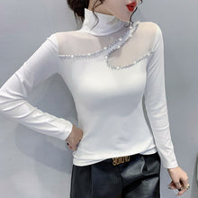 Load image into Gallery viewer, New 2021 Autumn Women Tops Fashion Casual Turtleneck Long Sleeved Mesh T-Shirt Elegant Slim Diamond perspective Women Clothing