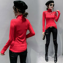 Load image into Gallery viewer, New 2021 Autumn Women Tops Fashion Casual Turtleneck Long Sleeved Mesh T-Shirt Elegant Slim Diamond perspective Women Clothing