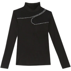 New 2021 Autumn Women Tops Fashion Casual Turtleneck Long Sleeved Mesh T-Shirt Elegant Slim Diamond perspective Women Clothing