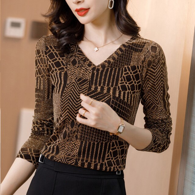 New 2021 Autumn Women Tops Fashion Casual V-neck Versatile Slim Long-sleeved Bright Silk Bottoming Shirt Blusas