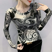 Load image into Gallery viewer, New 2021 Autumn Women&#39;s Clothing Fashion Casual Long Sleeve Print Elastic Mesh T-Shirt M-3XL Plus Size Blusas Tops