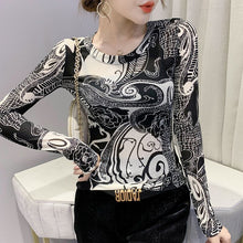 Load image into Gallery viewer, New 2021 Autumn Women&#39;s Clothing Fashion Casual Long Sleeve Print Elastic Mesh T-Shirt M-3XL Plus Size Blusas Tops