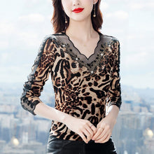 Load image into Gallery viewer, New 2021 Autumn Women&#39;s T-Shirt Fashion Casual Long Sleeve V-Neck Mesh Tops Elegant Slim Printed Leopard Shirt M-4XL Clothing