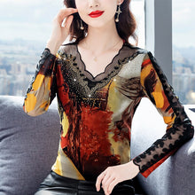 Load image into Gallery viewer, New 2021 Autumn Women&#39;s T-Shirt Fashion Casual Long Sleeve V-Neck Mesh Tops Elegant Slim Printed Leopard Shirt M-4XL Clothing