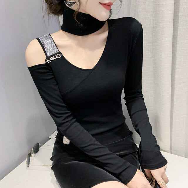 New 2021 Autumn Women's T-Shirt Fashion Casual Sexy V-Neck Diamond Mesh Tops M-3XL Plus Size Women Clothing