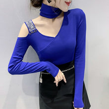 Load image into Gallery viewer, New 2021 Autumn Women&#39;s T-Shirt Fashion Casual Sexy V-Neck Diamond Mesh Tops M-3XL Plus Size Women Clothing