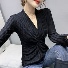 Load image into Gallery viewer, New 2021 Autumn Women&#39;s T-Shirt Fashion Casual V-Neck Long-Sleeved Hollow Out Lace Tops Plus Size Women Clothing