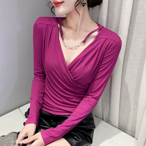 New 2021 Autumn Women's T-Shirt Fashion Sexy V-Neck Long Sleeve Solid Color Tops And Shirt Plus Size Female Blusas