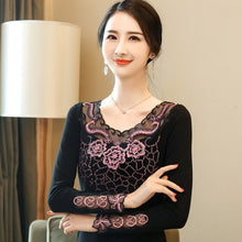 Load image into Gallery viewer, New 2021 Autumn Women&#39;s Tops Fashion Rose Embroidered Long-sleeved Bottoming Shirt Elegant Diamonds Plus Size Lace Tops
