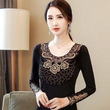 Load image into Gallery viewer, New 2021 Autumn Women&#39;s Tops Fashion Rose Embroidered Long-sleeved Bottoming Shirt Elegant Diamonds Plus Size Lace Tops
