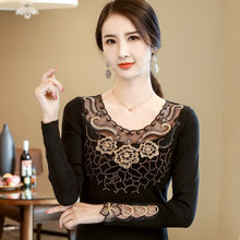 Load image into Gallery viewer, New 2021 Autumn Women&#39;s Tops Fashion Rose Embroidered Long-sleeved Bottoming Shirt Elegant Diamonds Plus Size Lace Tops