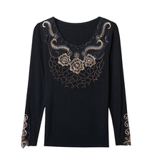 Load image into Gallery viewer, New 2021 Autumn Women&#39;s Tops Fashion Rose Embroidered Long-sleeved Bottoming Shirt Elegant Diamonds Plus Size Lace Tops