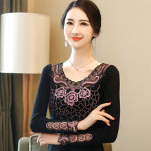 Load image into Gallery viewer, New 2021 Autumn Women&#39;s Tops Fashion Rose Embroidered Long-sleeved Bottoming Shirt Elegant Diamonds Plus Size Lace Tops
