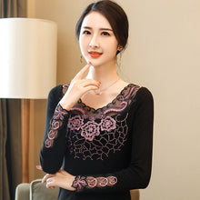 Load image into Gallery viewer, New 2021 Autumn Women&#39;s Tops Fashion Rose Embroidered Long-sleeved Bottoming Shirt Elegant Diamonds Plus Size Lace Tops