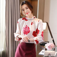 Load image into Gallery viewer, New Spring Autumn Chiffon Blouse Fashion Casual Print Long Sleeve Shirt Stand Collar Beading Office Lady Tops Blusas