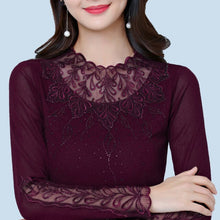 Load image into Gallery viewer, New 2021 Spring Autumn Long Sleeve Women&#39;s T-Shirt Fashion Casual Stand Collar Mesh Tops Elegant Slim Dimaond Plus Size Blusas