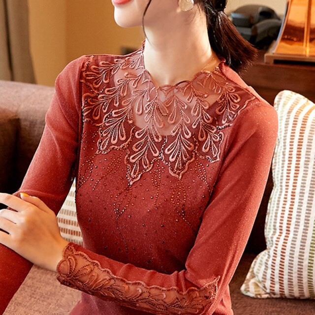 New 2021 Spring Autumn Long Sleeve Women's T-Shirt Fashion Casual Stand Collar Mesh Tops Elegant Slim Dimaond Plus Size Blusas