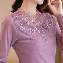 Load image into Gallery viewer, New 2021 Spring Autumn Long Sleeve Women&#39;s T-Shirt Fashion Casual Stand Collar Mesh Tops Elegant Slim Dimaond Plus Size Blusas