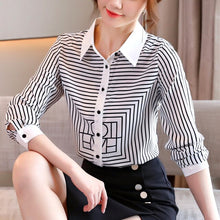 Load image into Gallery viewer, New 2021 Spring Autumn Women Chiffon Shirt Fashion Casual Long Sleeve Turn-Down Collar Striped Blouse Plus Size Loose Clothing