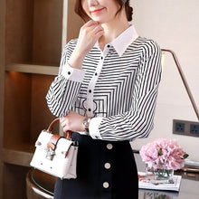 Load image into Gallery viewer, New 2021 Spring Autumn Women Chiffon Shirt Fashion Casual Long Sleeve Turn-Down Collar Striped Blouse Plus Size Loose Clothing