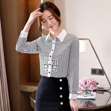 Load image into Gallery viewer, New 2021 Spring Autumn Women Chiffon Shirt Fashion Casual Long Sleeve Turn-Down Collar Striped Blouse Plus Size Loose Clothing